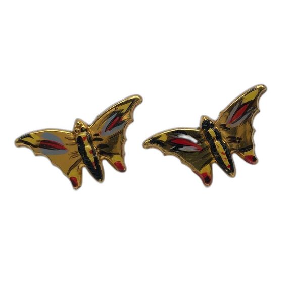 Vintage Butterfly Earrings Gold Tone Sterling Silver Hand Painted Clip On - Picture 1 of 4